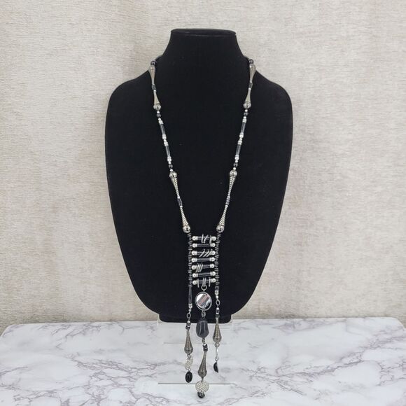 Treska Black Silver Beads Drop Necklace Native American Inspired Statement Boho - Picture 9 of 16
